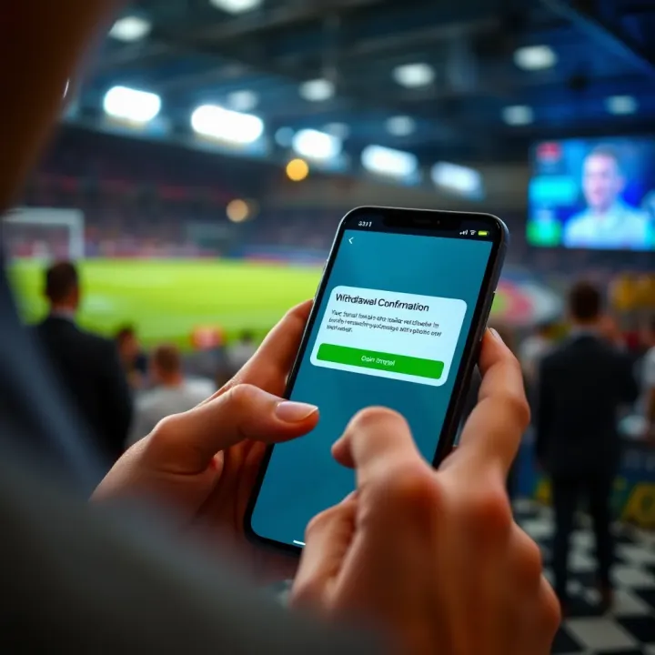 User interacting with a mobile device showing a successful withdrawal confirmation on a betting platform