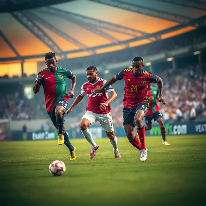 Soccer players competing intensely during an Africa Cup of Nations match with vibrant stadium atmosphere