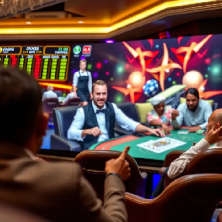 Online live casino interface showing a dealer interacting with players in real-time with cards and chips displayed