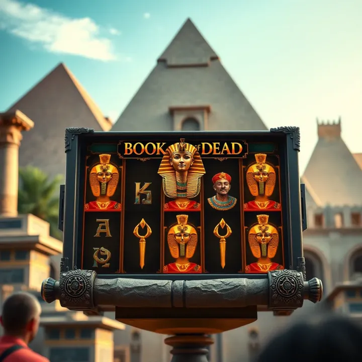 Book of Dead slot game reels with symbols like scarabs and explorers against an ancient Egyptian backdrop