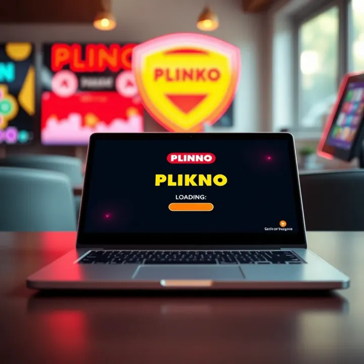 Laptop showing the Plinko game loading screen with a vibrant design