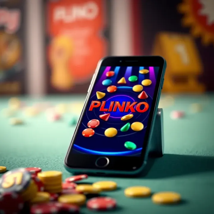 Smartphone displaying the Plinko game interface with colorful pegs and chips