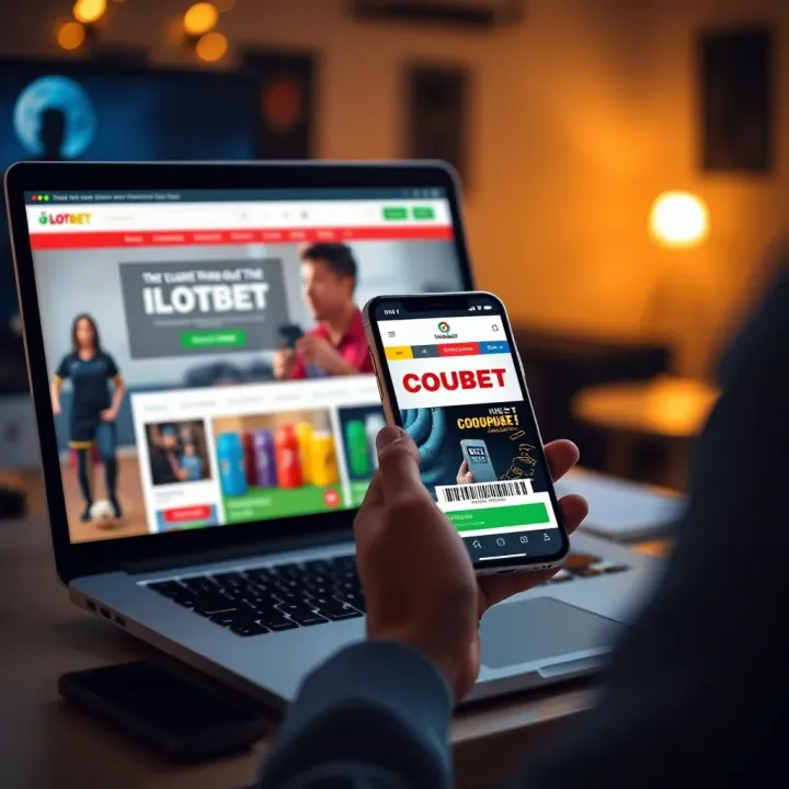 A person browsing IlotBet website on a laptop while holding a coupon code on a smartphone screen