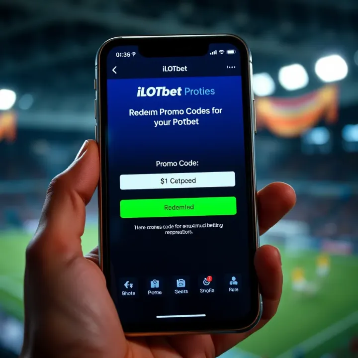 Smartphone screen displaying iLOTbet promo code input field with a successful redemption message