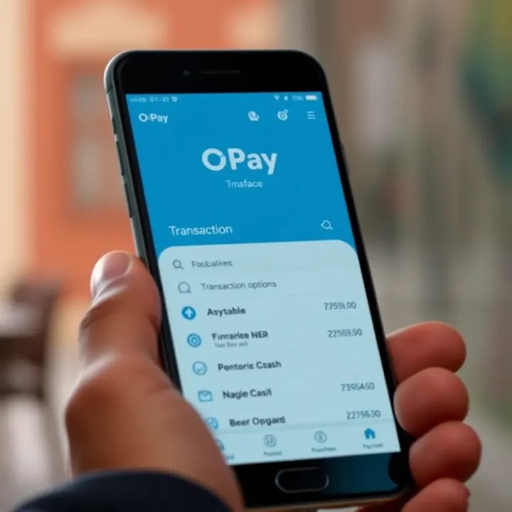 Mobile phone displaying OPay wallet interface with transaction options visible
