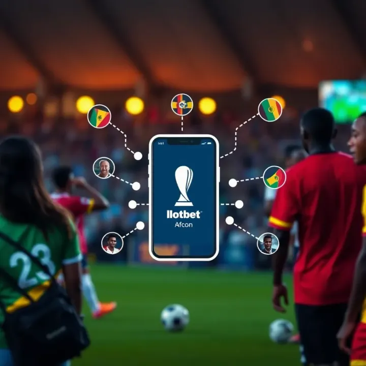 Graphic representing the connection between football fans and a mobile betting app with African-themed design elements