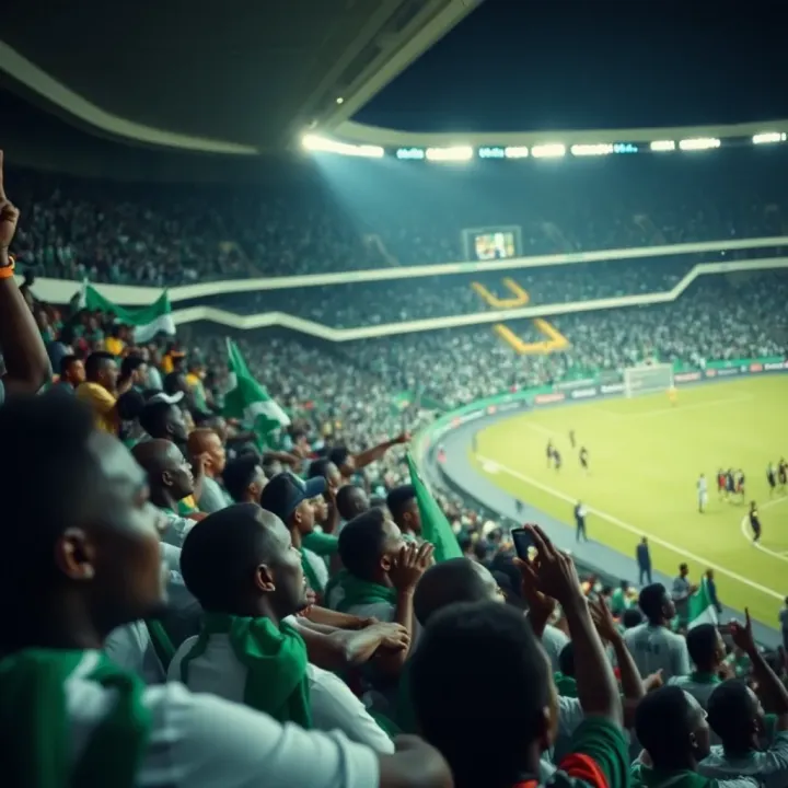 Football stadium filled with Nigerian fans cheering during Africa World Cup qualifiers