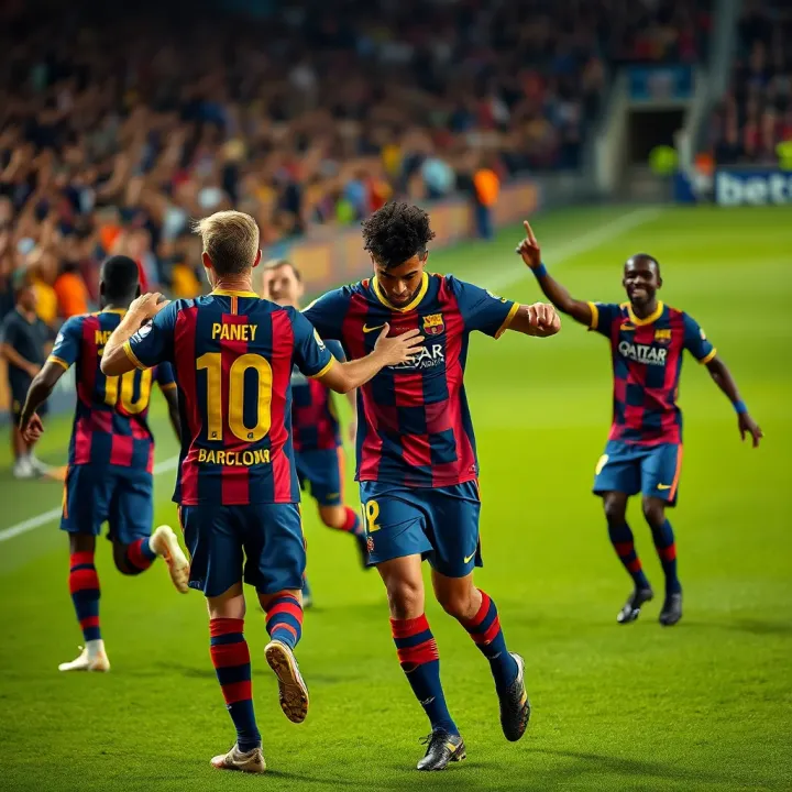 Barcelona Players Celebrating in La Liga Match Barcelona football players celebrating during a La Liga match