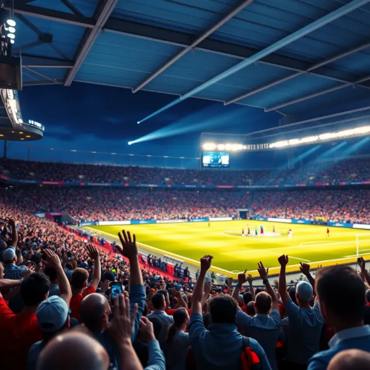 Illustration showing a football stadium with vibrant cheering fans under night lights