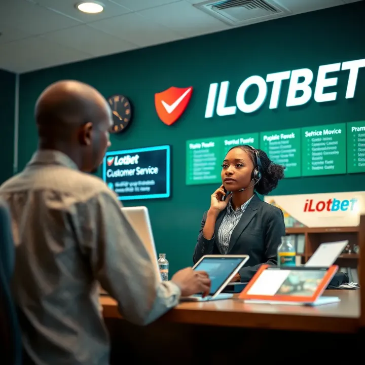 Customer service representative assisting a client at Ilotbet office counter