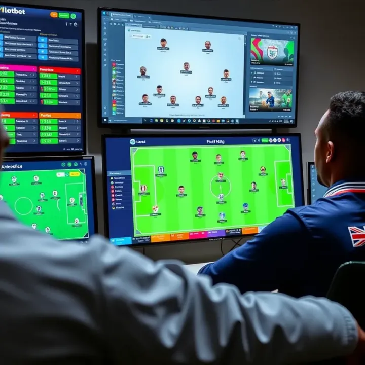 Detailed football match analysis with tactical charts and team statistics on digital screens