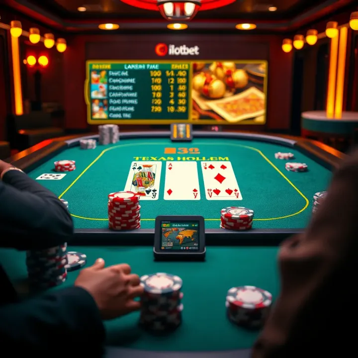 Illustration of Texas Holdem gameplay on ilotbet platform showing cards and chips