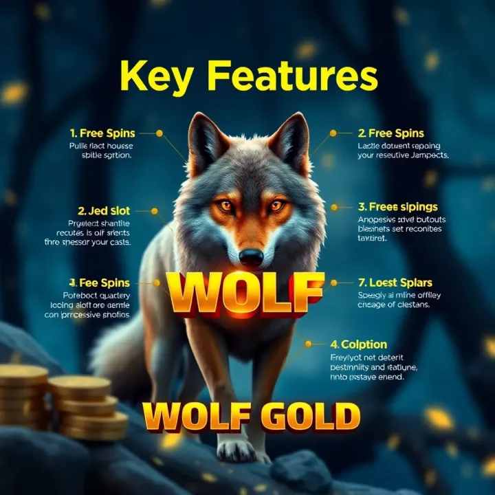 Key Features of Wolf Gold Demo Slot on Ilotbet Graphic highlighting key features of the Wolf Gold demo slot including free spins and progressive jackpots
