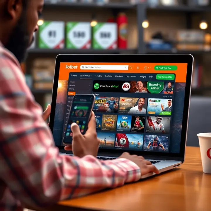 User browsing Ilotbet web shop on a laptop displaying betting options and services