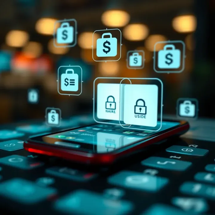 Digital payment symbols including naira currency and USSD code icons representing secure transactions