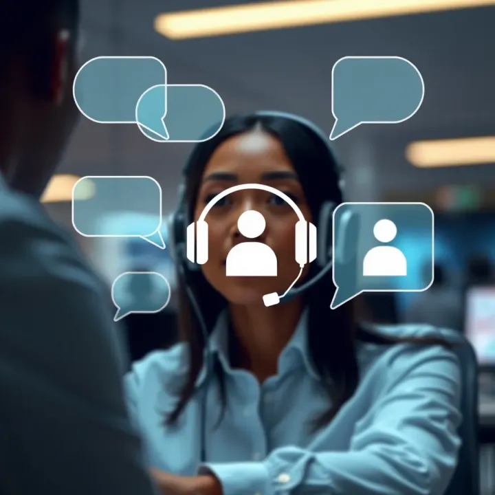 Illustration of digital support communication with chat bubbles and headset icons representing customer assistance