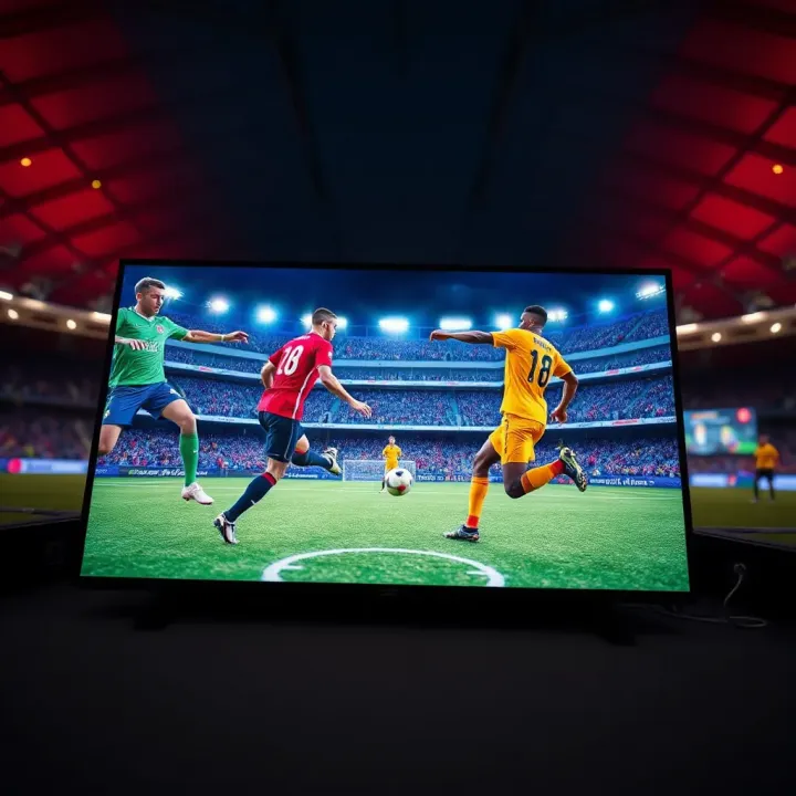 Virtual football match simulation showing dynamic gameplay on a digital screen